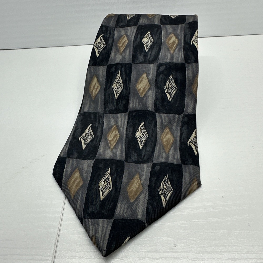Vintage Henry Grethel Italian Silk Necktie Grey Brown White Tie Made in the USA